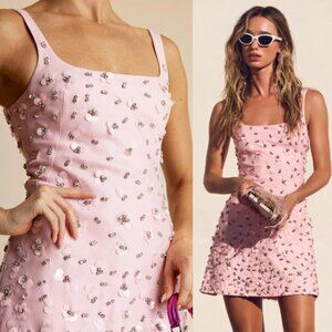 Simkhai Ziva English Rose Pink Floral Crystal Embellished Mini Dress Size 2 NWT
